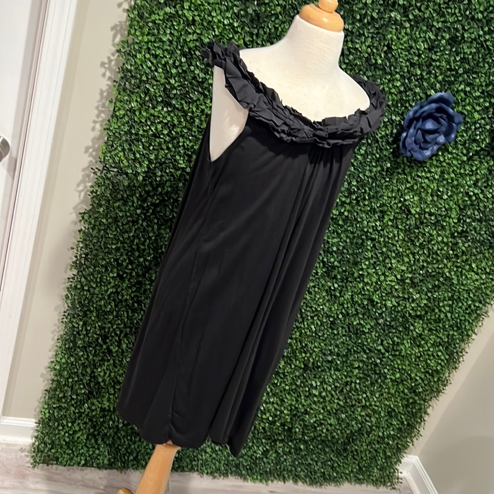 Wide round ruffle neck black cotton dress